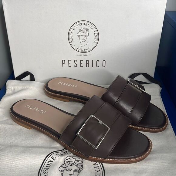NIB Peserico Brown Slides Buckled Sandals - Picture 1 of 13